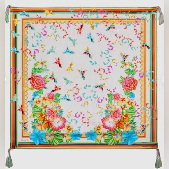NWT JOHNNY WAS 100% SILK SCARF with florals and birds Square - Picture 2 of 10